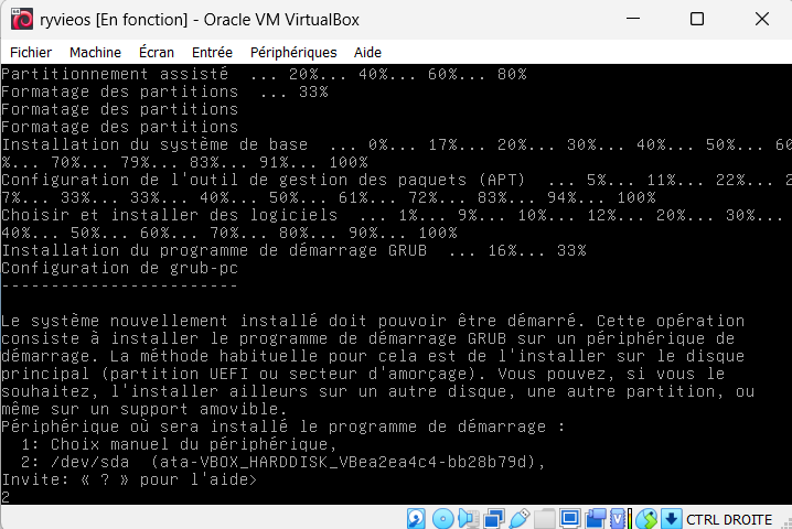 End of the base installation and closing the VM