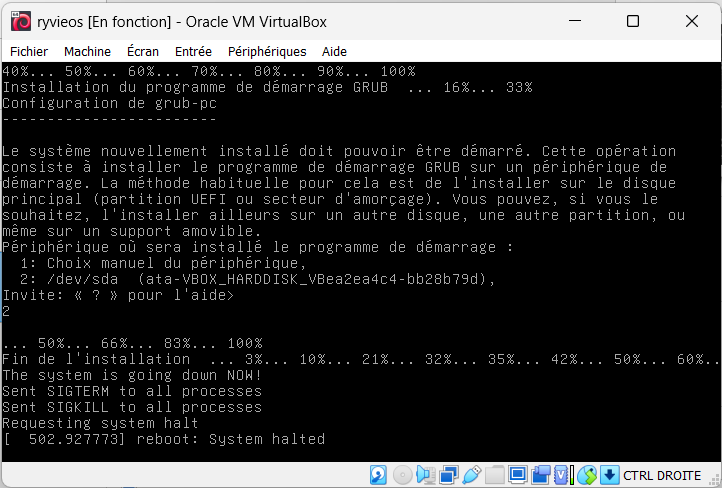 End of the base installation and closing the VM