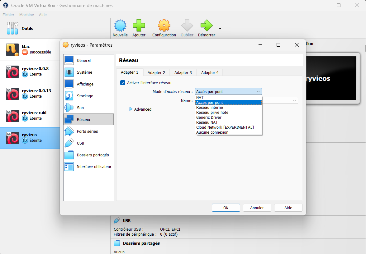 Network configuration in Bridged Adapter (Bridge) mode