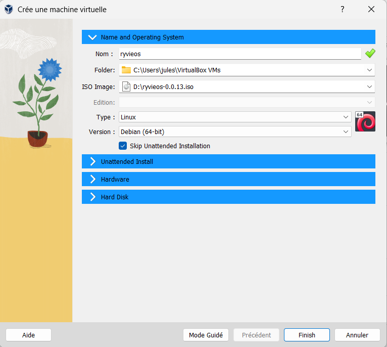 VM configuration — name, ISO, Debian 64-bit type