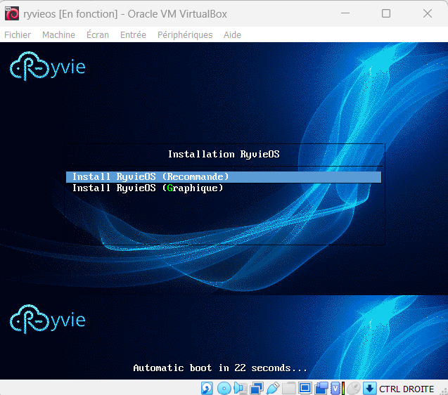 Boot screen — choosing the RyvieOS installation type